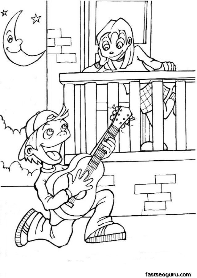 Printable valentine day Boy singing a love song coloring page